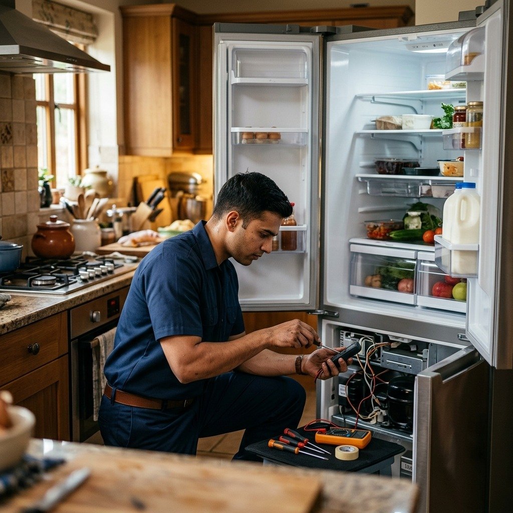 Technician repairing a refrigerator.