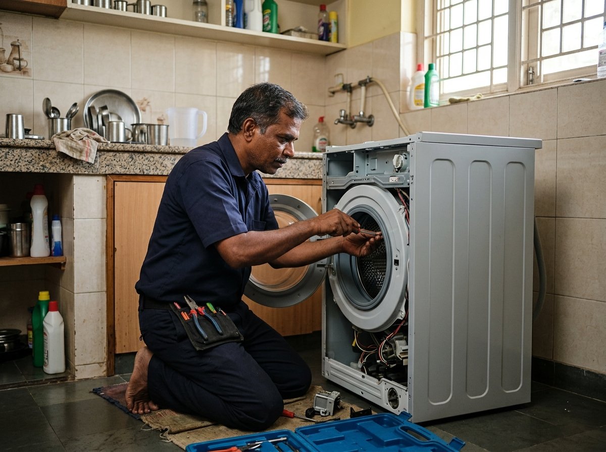 Technician repairing a washing machine.